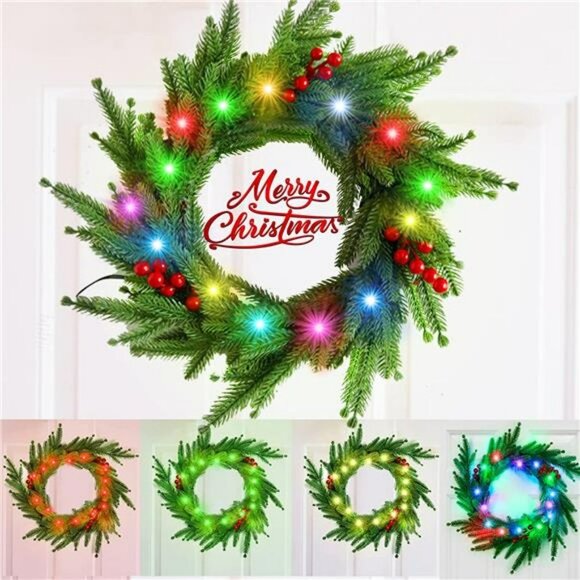 18 Colors Christmas Wreath, 13.4In Color Changing Winter Front Door Wreath - Picture 1 of 6